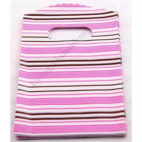 Rózsaszín csíkos mintás műanyag kis tasak, táska, 14,5x9 cm