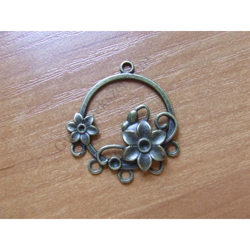 Virágos összekötő, medálalap, fülbevalóalap, antik bronz színű, 35x32 mm