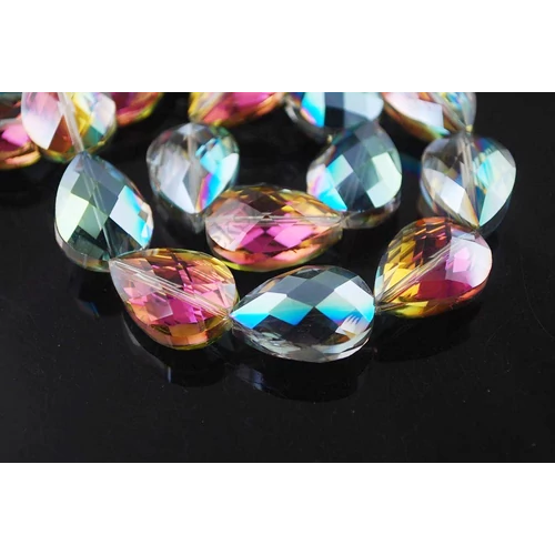 Lila zöld színjátszó csiszolt csepp üveg gyöngy, 24x17x11 mm