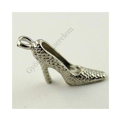 Magas sarkú cipő fityegő medál, antik ezüst színű, 15x15x4 mm