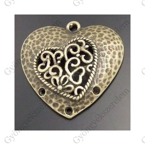 Szív összekötő, medál, antik bronz színű, 30x30 mm