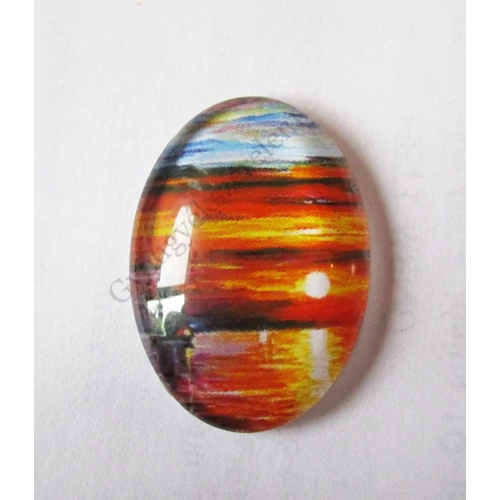 L. Afremov kép, naplemente, vitorlás hajó, tenger, nap mintás üveglencse, kaboson, 25x18 mm