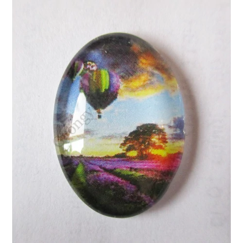 Hőlégballon, virág, fa, naplemente mintás üveglencse, kaboson, 25x18 mm