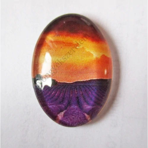 Virág, levendula, naplemente mintás üveglencse, kaboson, 25x18 mm