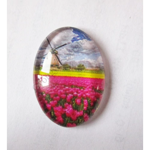 Hollandia, szélmalom, tulipán virág mintás üveglencse, kaboson, 25x18 mm