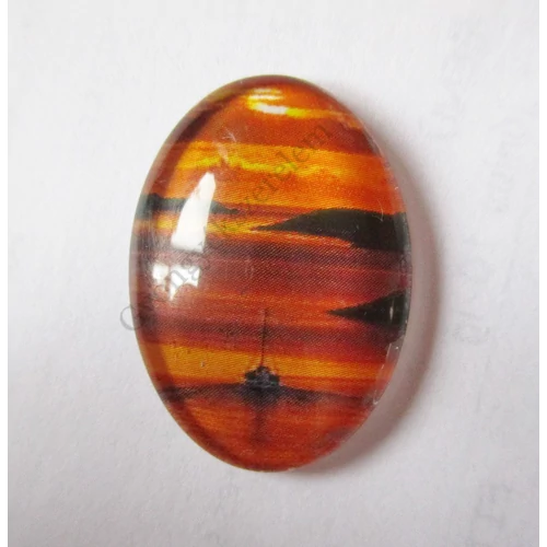 Vitorlás hajó, tenger, naplemente mintás üveglencse, kaboson, 25x18 mm