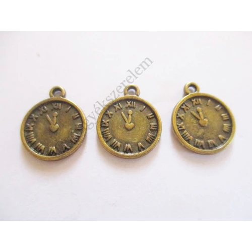 Óra fityegő, medál, antik bronz színű, 16x13 mm
