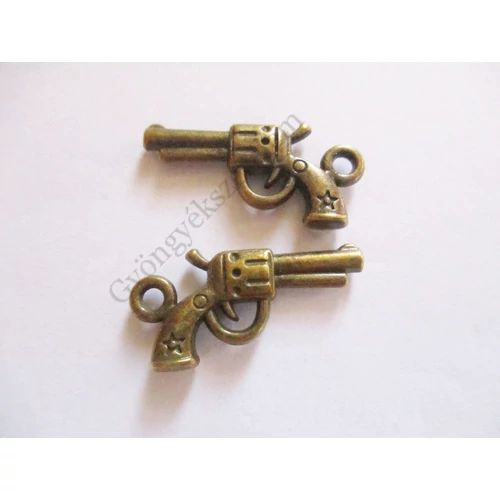 Pisztoly fityegő, medál, antik bronz színű, 24x11 mm