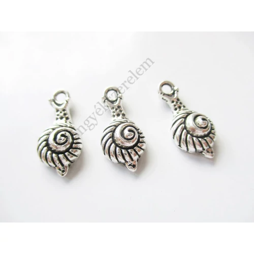 Csigaház, csiga fityegő, medál, antik ezüst színű, 16x7 mm