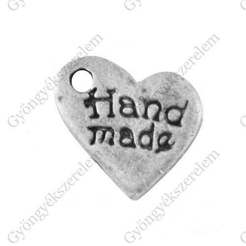 Handmade feliratos pici szív fityegő, medál, antik ezüst színű, 8x9 mm