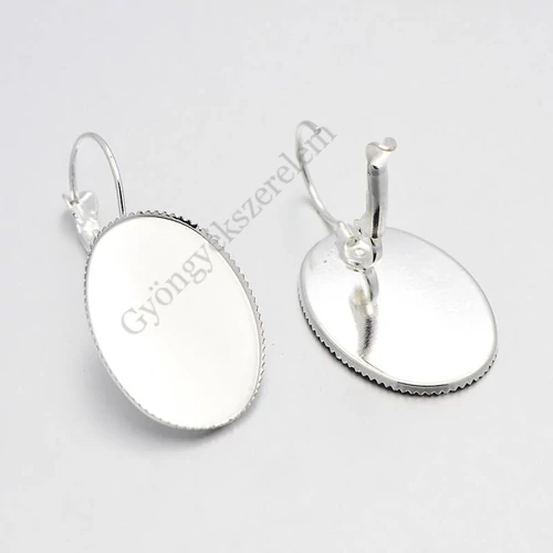 Ovális tányéros, francia kapcsos fülbevalóalap, ezüst színű, 37x18 mm, 25x18 mm-es lencséhez, 1 pár/cs