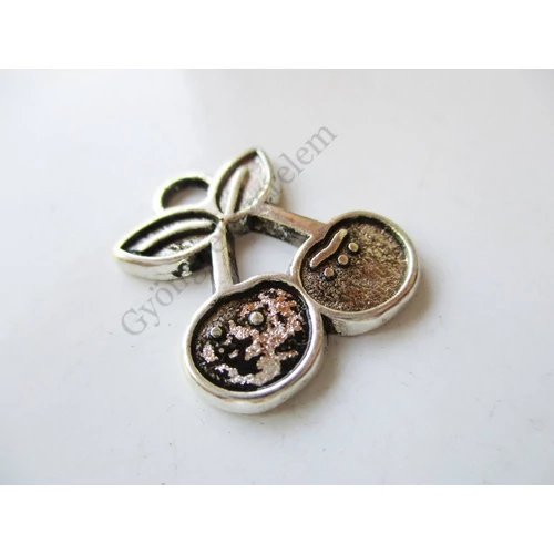 Cseresznye fityegő, medál, antik ezüst színű, 19x15 mm