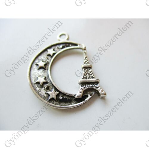 Hold, csillag, Eiffel torony fityegő, medál, antik ezüst színű, 22x17 mm