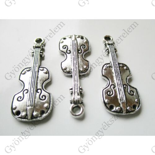 Hegedű, hangszer fityegő, medál, antik ezüst színű, 29x11 mm
