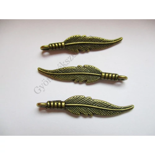 Levél, toll fityegő, medál, antik bronz színű, 31x6 mm