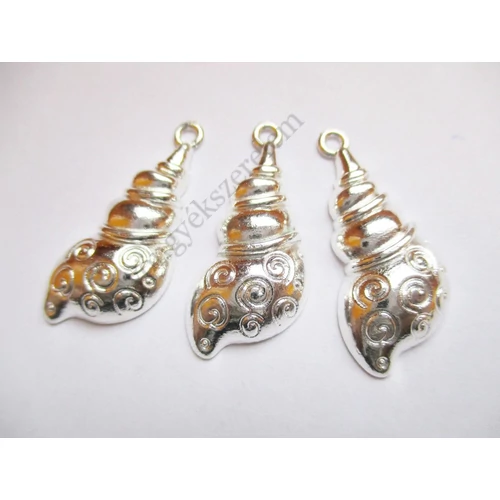 Csigaház, csiga fityegő, medál, ezüst színű, 30x13 mm