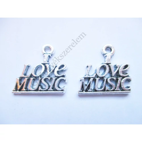 I love music, szeretem a zenét, zene feliratos fityegő, medál, antik ezüst színű, 18x17 mm