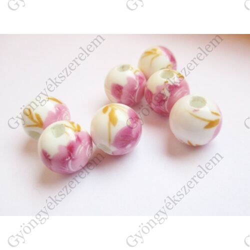 Rózsaszín virág mintás kerek porcelán gyöngy, 10 mm
