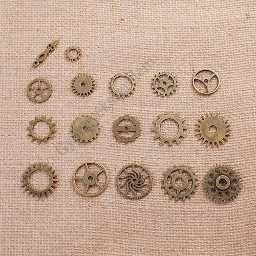 Fogaskerék, steampunk óra alkatrész szett, fityegő, medál, antik bronz színű, 17 db/cs