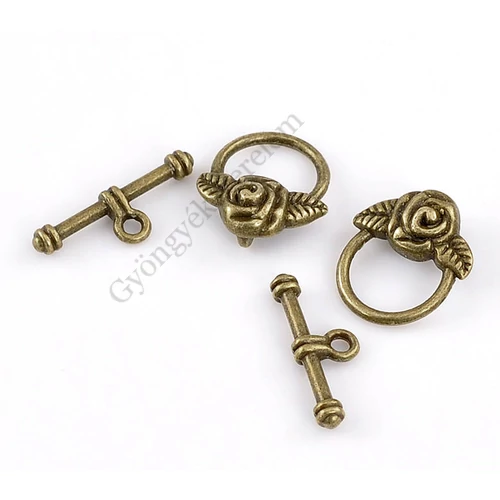 Rózsás t-kapocs, antik bronz színű, 19x16mm+23x7 mm