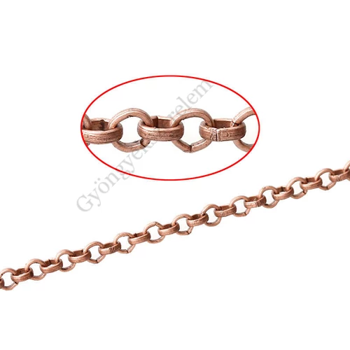 Lánc, kerek szemű, vörösréz színű, 3 mm szemméret, 50 cm