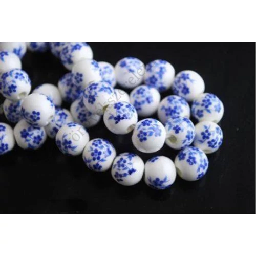 Kék virág mintás kerek porcelán gyöngy, 10 mm