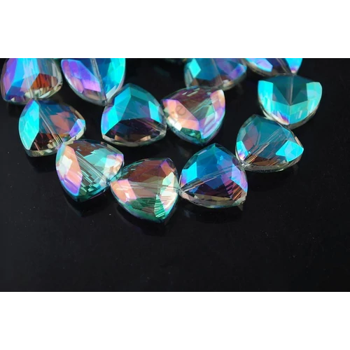 Kék, lila, zöld színjátszó csiszolt háromszög üveg gyöngy, 18x7 mm