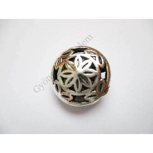 Virág mintás korong köztes, antik ezüst színű, 16x8 mm
