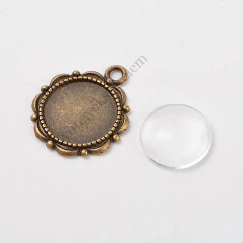 Rózsa mintás medálalap, antik bronz színű, 22x19 mm, 14 mm-es üveglencsével