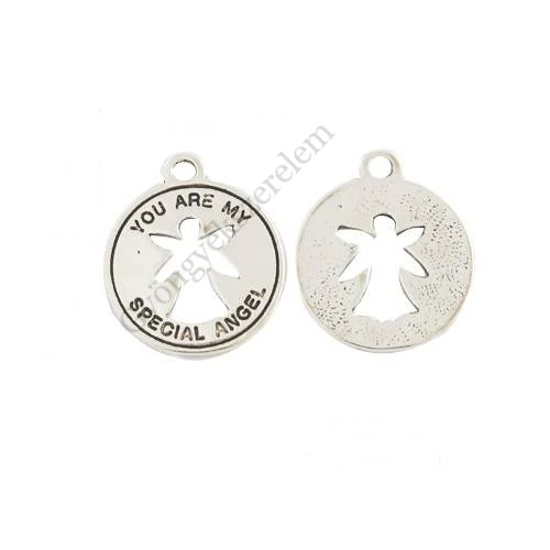 Feliratos angyal, angyalka fityegő, medál, antik ezüst színű, 22x19 mm