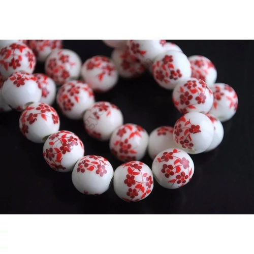 Bordó virág mintás kerek porcelán gyöngy, 10 mm