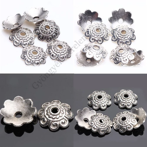 Virág gyöngykupak, antik ezüst színű, 8 mm