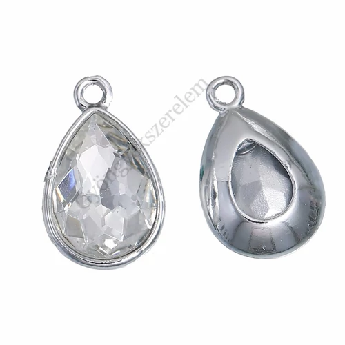 Kristály üveg strasszköves csepp fityegő, medál, antik ezüst színű, 19x12 mm