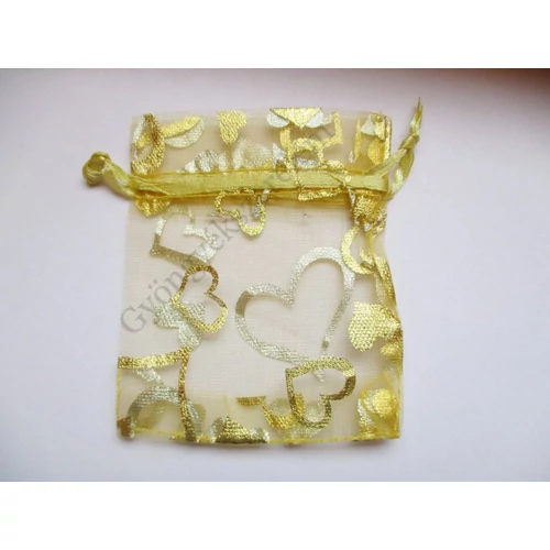 Sárga, arany szív mintás organza tasak, zacskó, 9x7 cm
