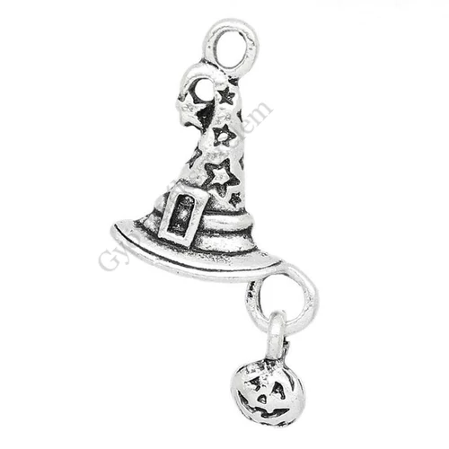 Varázsló, boszorkány kalap, sapka, Halloween fityegő, medál, antik ezüst színű, 25x14 mm