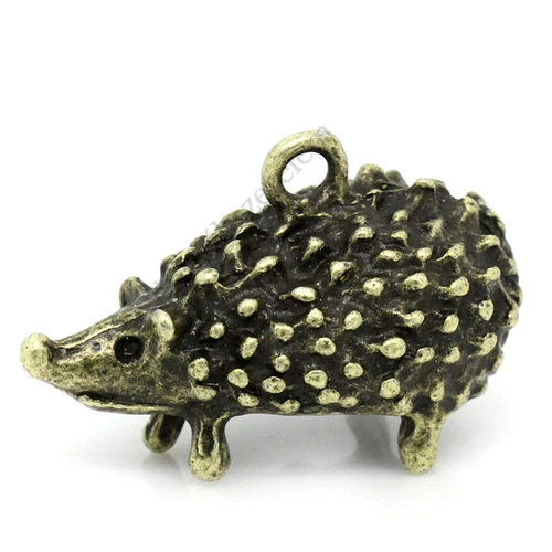 Sün, süni 3D fityegő medál, antik bronz színű, 25x16x13 mm