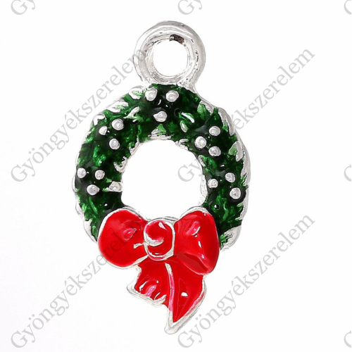Karácsonyi koszorú fityegő, medál, antik ezüst színű, piros, zöld, 25x14 mm