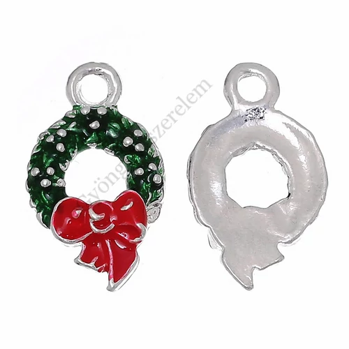 Karácsonyi koszorú fityegő, medál, antik ezüst színű, piros, zöld, 25x13 mm