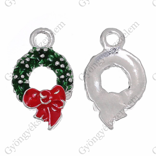 Karácsonyi koszorú fityegő, medál, antik ezüst színű, piros, zöld, 25x13 mm