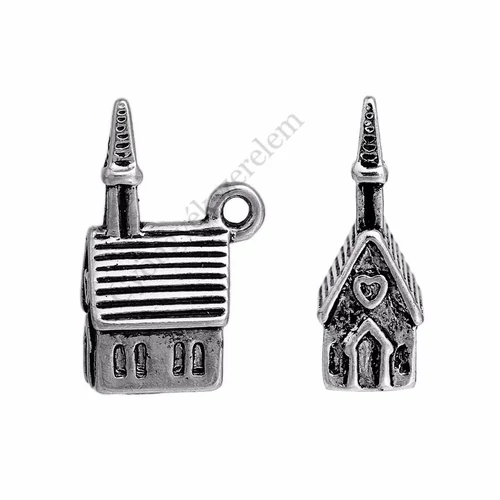 Templom 3D fityegő, medál, antik ezüst színű, 20x12x7 mm