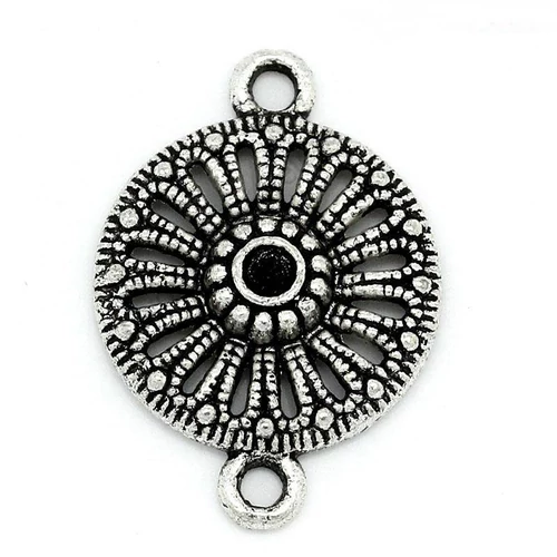 Kerek, mintás összekötő, karkötőalap, medálalap, fülbevalóalap fityegő, medál, antik ezüst színű, 21x15 mm