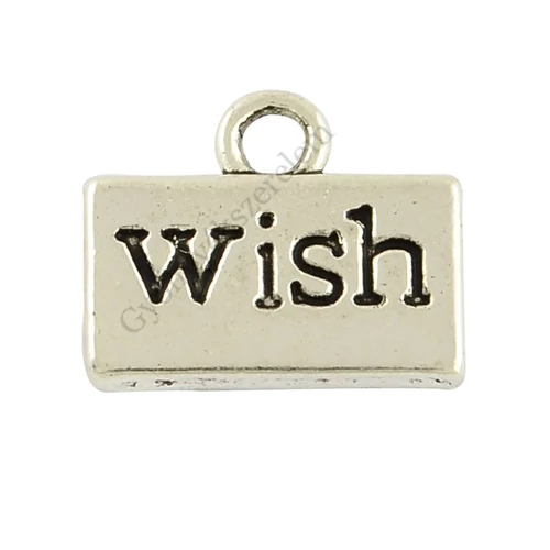 Wish feliratú kívánság fityegő, medál, antik ezüst színű, 12x10 mm