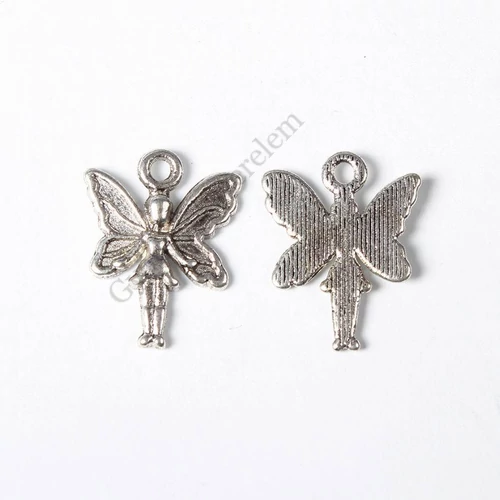 Angyal, tündér fityegő, medál, antik ezüst színű, 19x15 mm