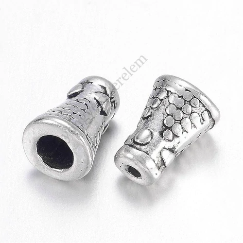 Kis, mintás kúp gyöngykupak, végzáró, antik ezüst színű, 7x6 mm