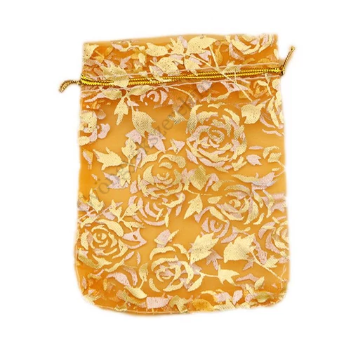 Arany rózsa mintás narancssárga organza ajándék tasak, zacskó 13x10 mm