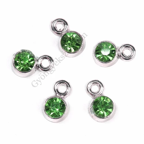 Zöld strasszköves fityegő, medál, antik ezüst színű, 8x5x4 mm