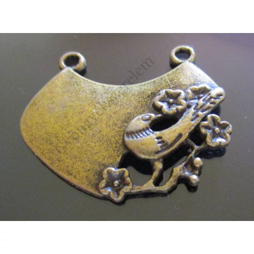 Madár medál, medálalap, összekötő, antik bronz színű, 33x28 mm