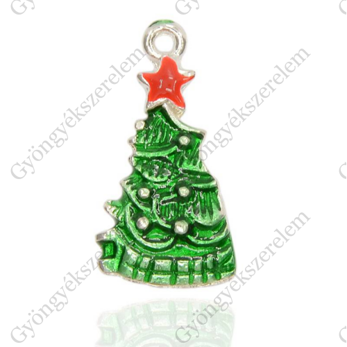 Színes fenyőfa, karácsonyfa fityegő, medál, antik ezüst színű, zöld, piros, 25x14 mm