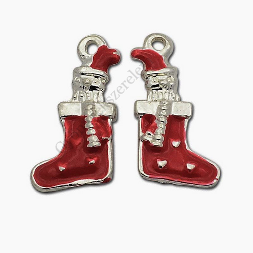 Színes, karácsony, télapó, mikulás csizma, zokni fityegő, medál, antik ezüst színű, 19x10 mm