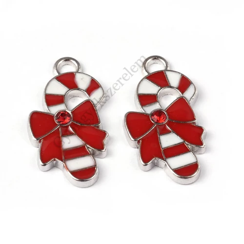 Színes, strasszöves karácsony cukor, nyalóka fityegő, medál, antik ezüst színű, 26x15 mm